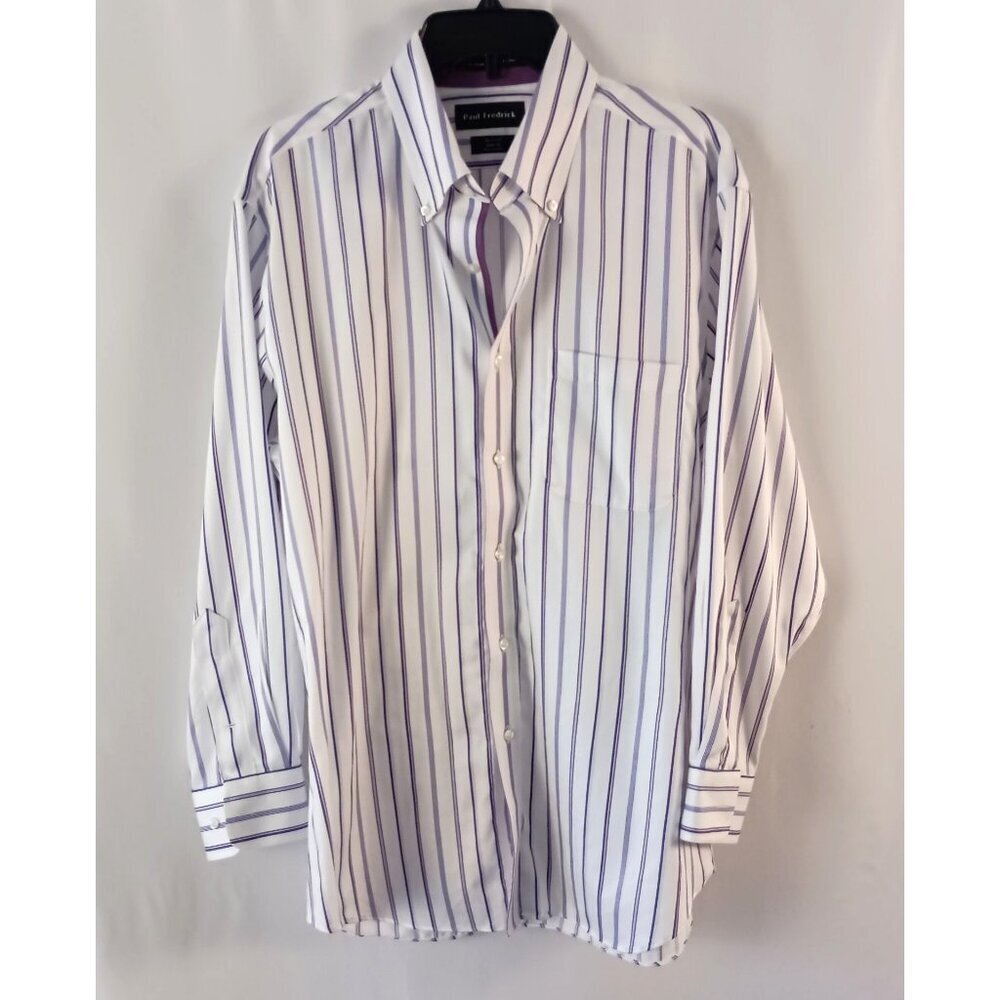 Paul Fredrick Non-Iron Two Ply Cotton Slim Fit Dress Shirt White Purple 16.5-32